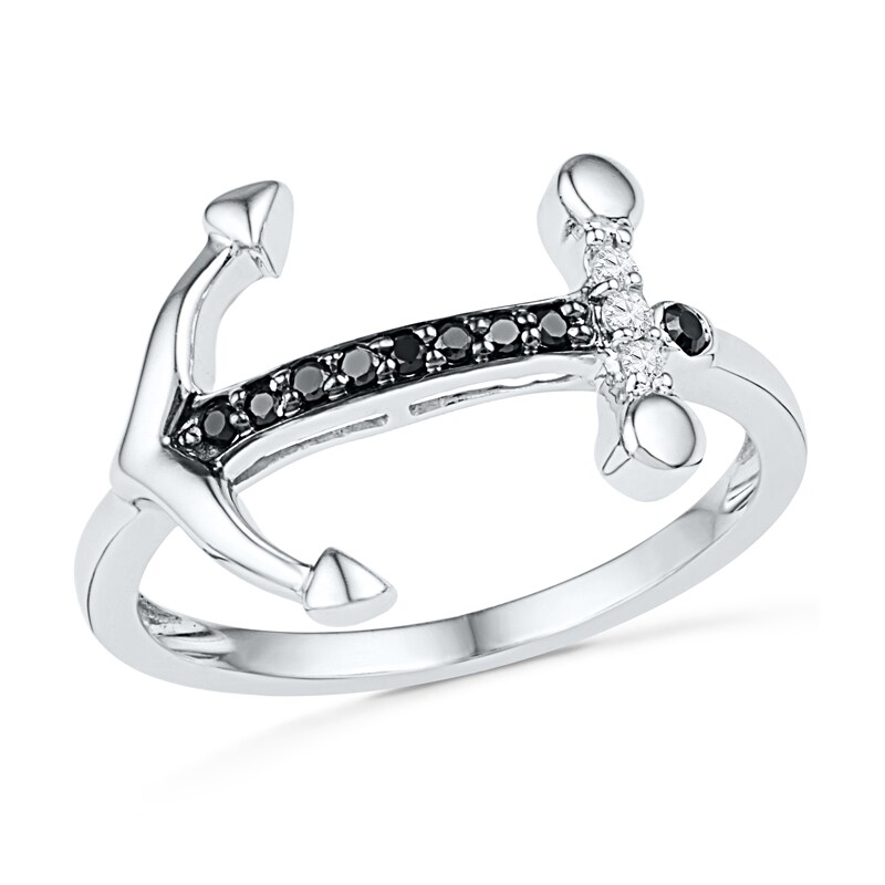 1/10 CT. T.W. Enhanced Black and White Diamond Sideways Anchor Ring in 10K White Gold