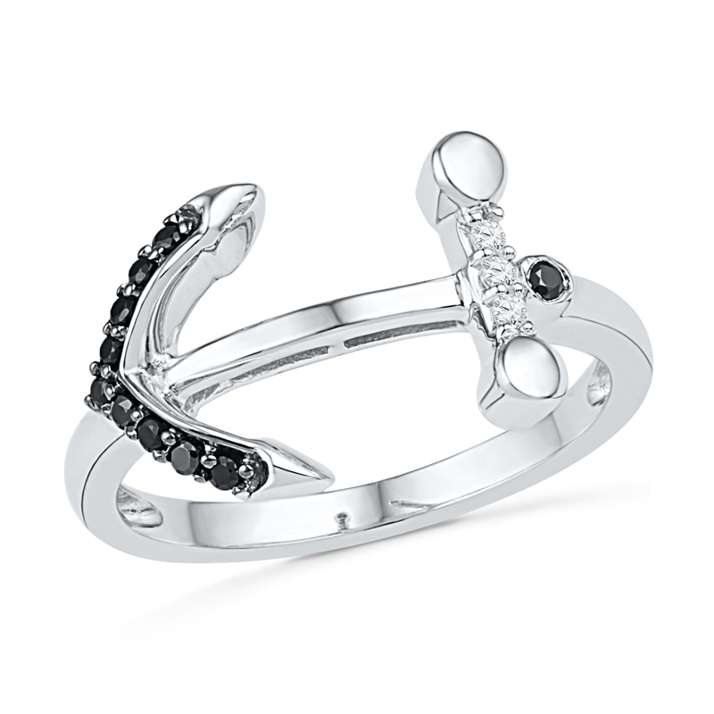 1/10 CT. T.W. Enhanced Black and White Diamond Sideways Anchor Ring in Sterling Silver