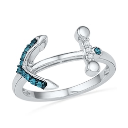 1/10 CT. T.W. Enhanced Blue and White Diamond Sideways Anchor Ring in Sterling Silver