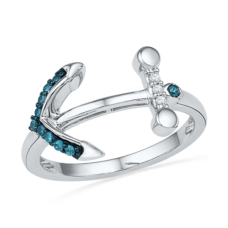 1/10 CT. T.W. Enhanced Blue and White Diamond Sideways Anchor Ring in Sterling Silver