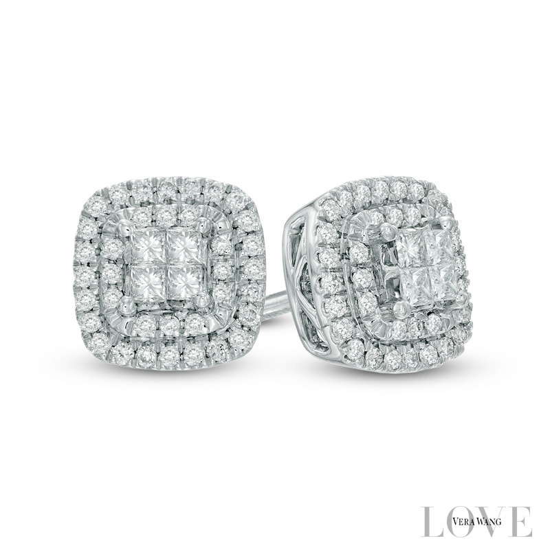 Main Image 1 of Vera Wang Love Collection 1/3 CT. T.W. Princess-Cut Quad Diamond Double Frame Earrings in 14K White Gold