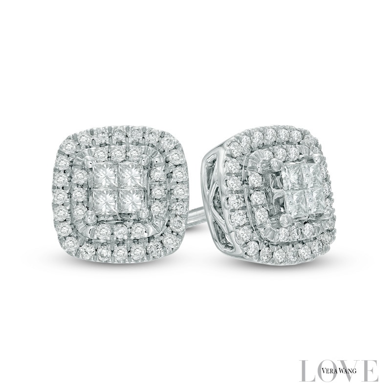 Vera Wang Love Collection 1/3 CT. T.W. Princess-Cut Quad Diamond Double Frame Earrings in 14K White Gold