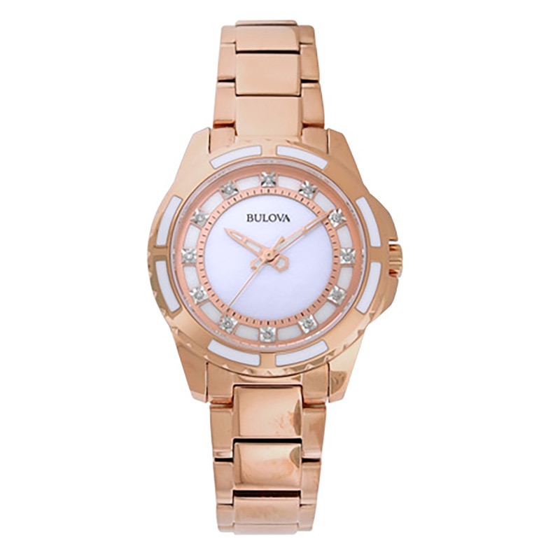 Ladies' Bulova Diamond Accent Rose-Tone Watch with Mother-of-Pearl Dial (Model: 98P141)