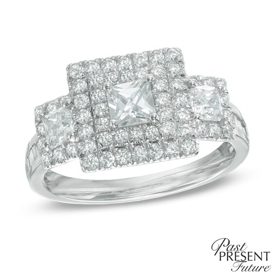 1-1/2 CT. T.w. Princess-Cut Diamond Double Frame Past Present Future® Ring in 14K White Gold