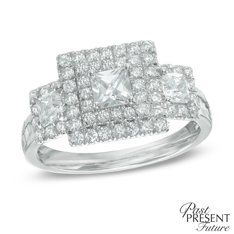 Main Image 1 of 1-1/2 CT. T.W. Princess-Cut Diamond Double Frame Past Present Future® Ring in 14K White Gold