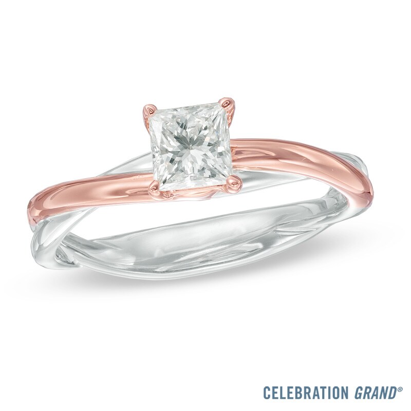 Main Image 1 of Celebration Ideal 5/8 CT. Princess-Cut Certified Diamond Twist Engagement Ring in 14K Two-Tone Gold (J/I1)