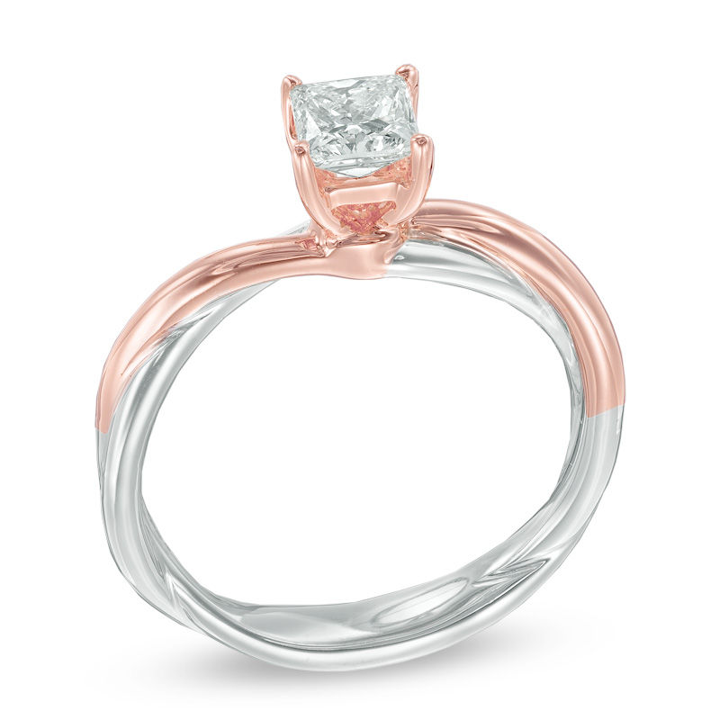 Main Image 2 of Celebration Ideal 5/8 CT. Princess-Cut Certified Diamond Twist Engagement Ring in 14K Two-Tone Gold (J/I1)