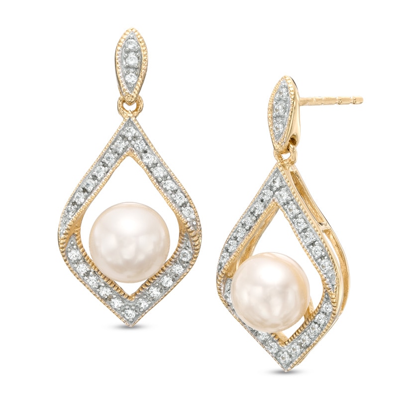 Main Image 1 of 6.5mm Freshwater Cultured Pearl and Lab-Created White Sapphire Drop Earrings in Sterling Silver with 14K Gold Plate