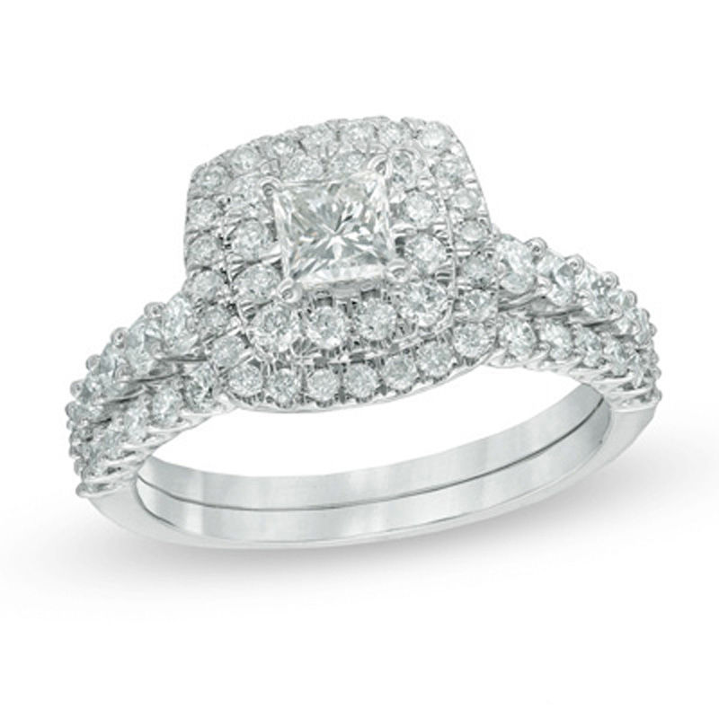 Main Image 1 of 1-1/2 CT. T.W. Certified Canadian Princess-Cut Diamond Frame Bridal Set in 14K White Gold (I/I1)