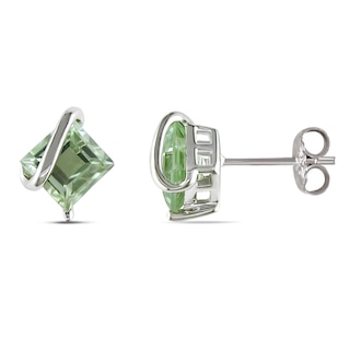 6.0mm Princess-Cut Green Quartz Overlay Stud Earrings in Sterling Silver