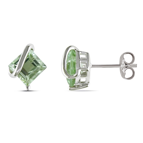 6.0mm Princess-Cut Green Quartz Overlay Stud Earrings in Sterling Silver