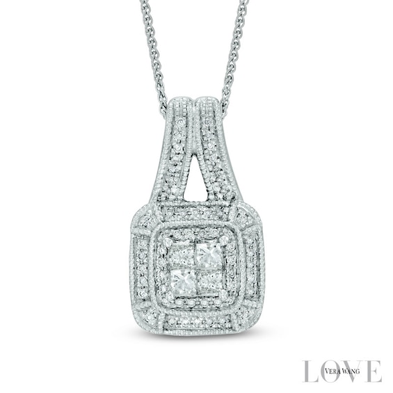 Vera Wang Love Collection 3/8 CT. T.w. Princess-Cut Quad Diamond Frame Drop Pendant in 14K White Gold