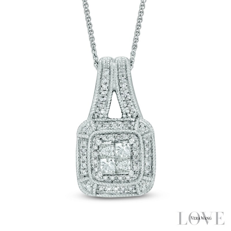 Main Image 1 of Vera Wang Love Collection 3/8 CT. T.W. Princess-Cut Quad Diamond Frame Drop Pendant in 14K White Gold