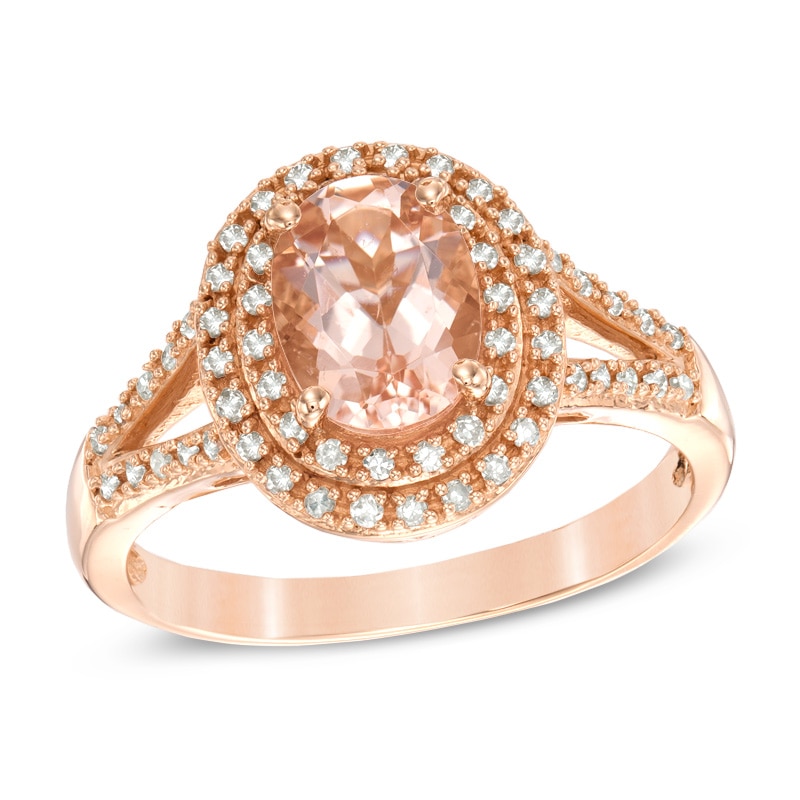 Main Image 1 of Oval Morganite and 1/5 CT. T.W. Diamond Frame Ring in 10K Rose Gold