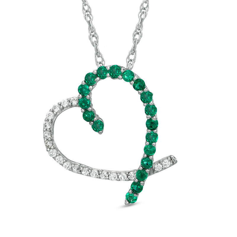 Main Image 1 of Lab-Created Emerald and White Sapphire Heart Pendant in Sterling Silver