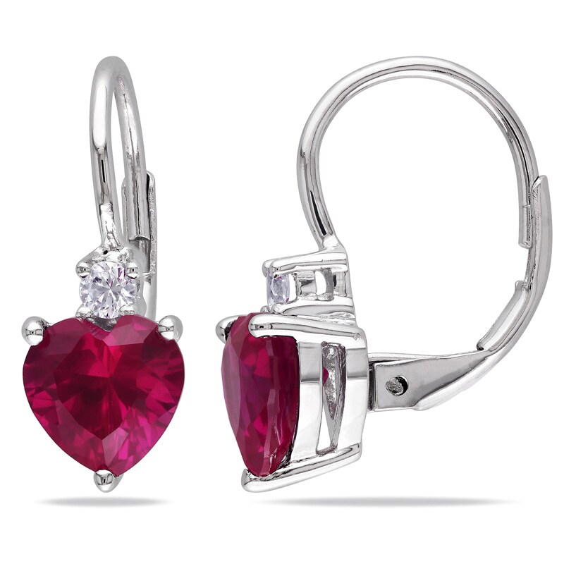Main Image 1 of 7.0mm Heart-Shaped Lab-Created Ruby and White Sapphire Drop Earrings in Sterling Silver