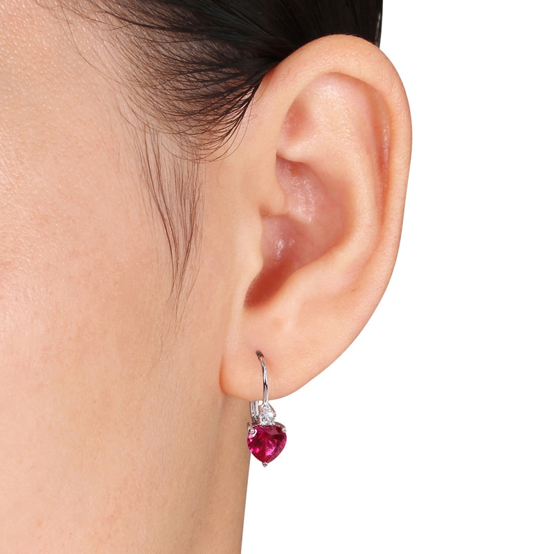 Main Image 3 of 7.0mm Heart-Shaped Lab-Created Ruby and White Sapphire Drop Earrings in Sterling Silver