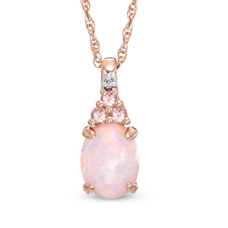Main Image 1 of Oval Lab-Created Opal, Pink Tourmaline and White Sapphire Pendant in Sterling Silver with 14K Rose Gold