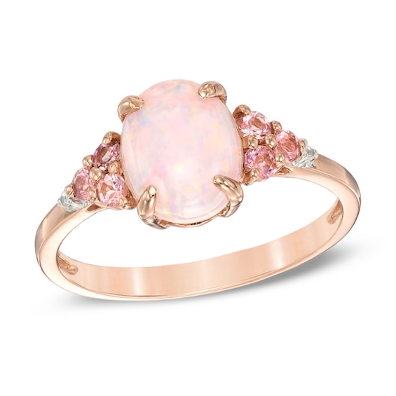 Zales Lab-Created Pink Opal, Pink Tourmaline and Lab-Created White Sapphire Ring in Sterling Silver with 14K Rose Gold Plate