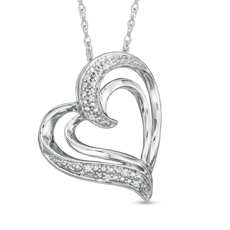 Diamond Accent Tilted Double Heart Pendant in Sterling Silver