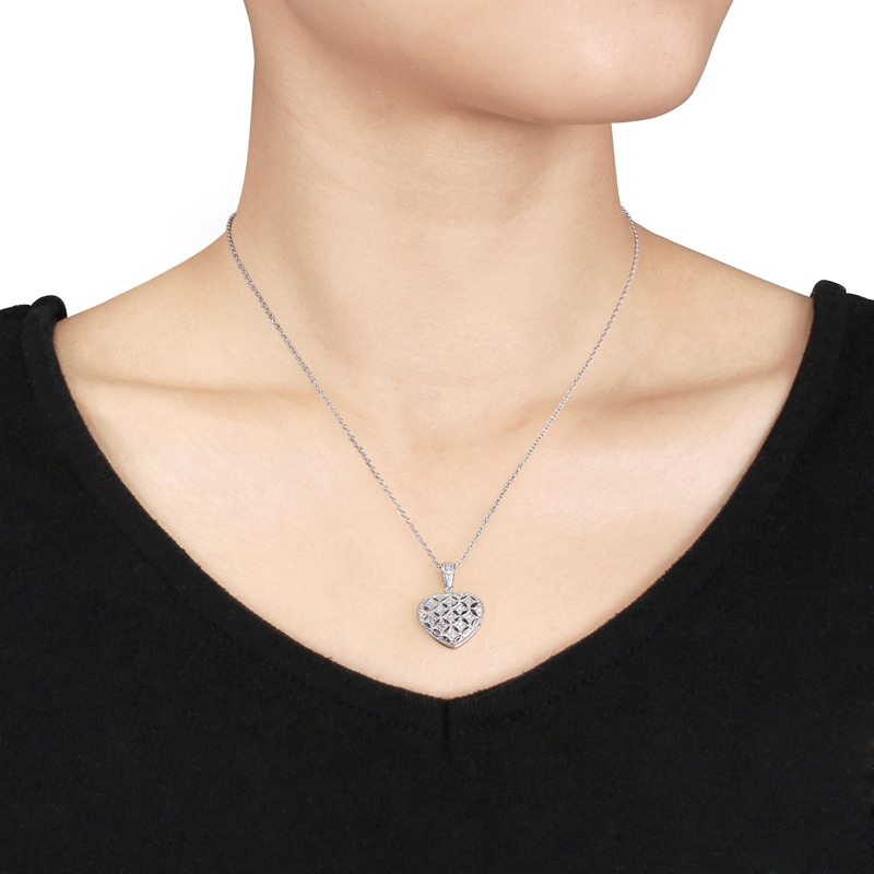 Main Image 3 of 1/6 CT. T.W. Diamond Lattice Heart Locket in Sterling Silver