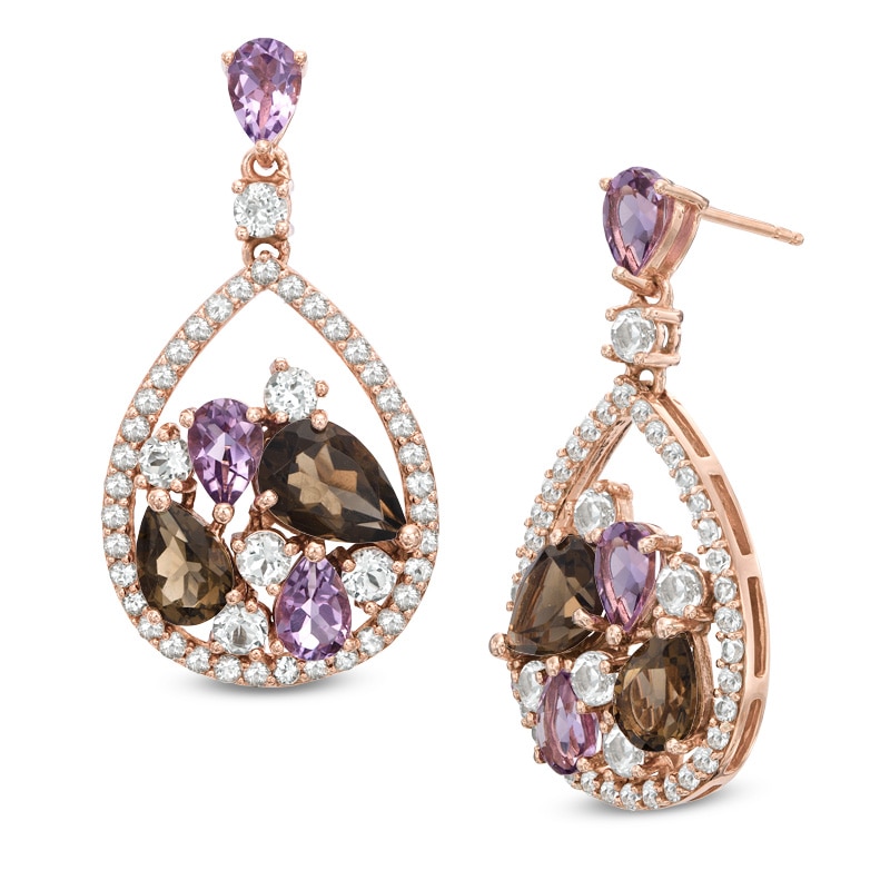 Rose de France Amethyst, Smoky Quartz and White Topaz Drop Earrings in Sterling Silver with 14K Rose Gold Plate