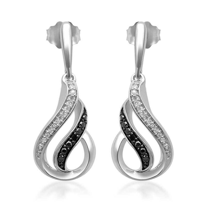 Enhanced Black and White Diamond Accent Flame Drop Earrings in Sterling Silver