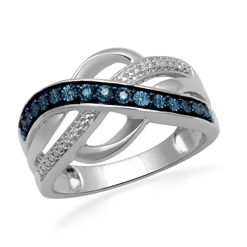 Main Image 1 of Enhanced Blue and White Diamond Accent Ribbon Overlay Ring in Sterling Silver