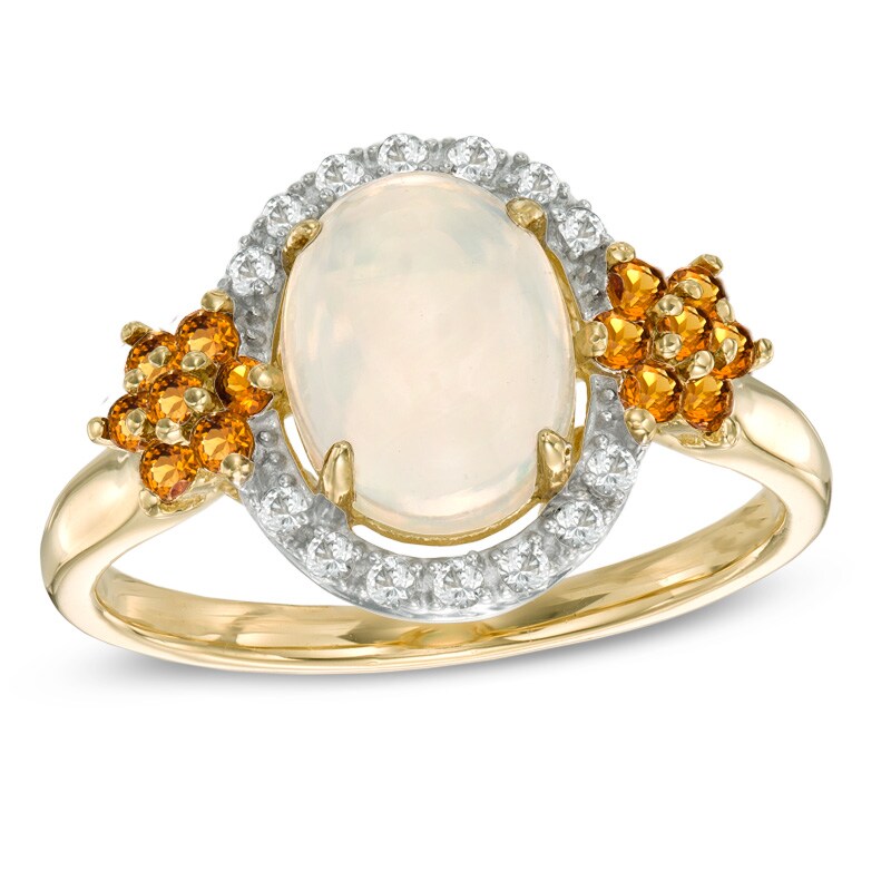 Oval Opal, Madeira Citrine and Lab-Created White Sapphire Flower Ring in 10K Gold
