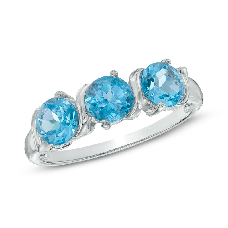 5.0mm Swiss Blue Topaz Three Stone Ring in 10K White Gold