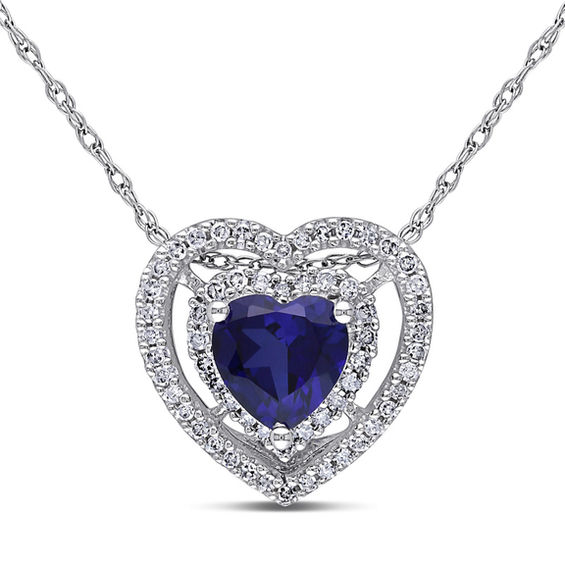 6.0mm Heart-Shaped Lab-Created Blue Sapphire and 1/5 CT. T.W. Diamond Double Frame Pendant in 10K White Gold - 17" 6.0mm Heart-Shaped Lab-Created Blue Sapphire and 1/5 CT. T.W. Diamond Double Frame Pendant in 10K White Gold - 17"
