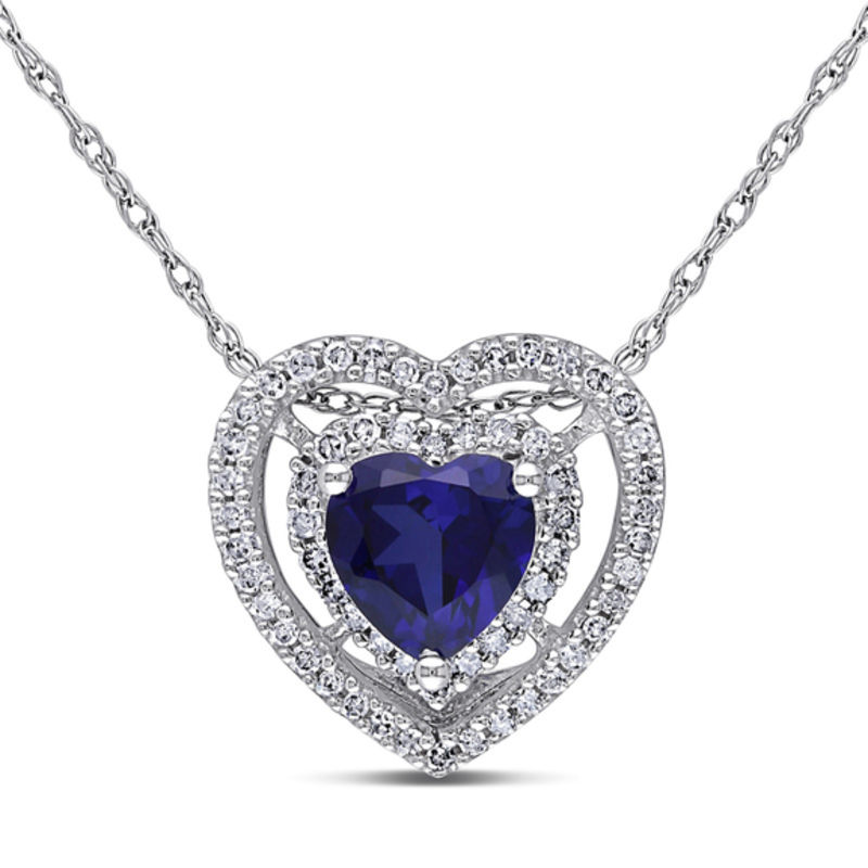 6.0mm Heart-Shaped Lab-Created Blue Sapphire and 1/5 CT. T.W. Diamond Double Frame Pendant in 10K White Gold - 17"