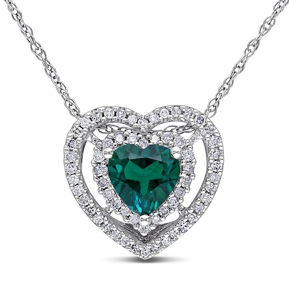 6.0mm Heart-Shaped Lab-Created Emerald and 1/5 CT. T.W. Diamond Double Frame Pendant in 10K White Gold - 17" 6.0mm Heart-Shaped Lab-Created Emerald and 1/5 CT. T.W. Diamond Double Frame Pendant in 10K White Gold - 17"