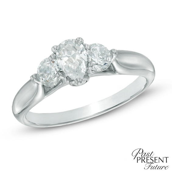 1 CT. T.w. Certified Pear-Shaped Diamond Past Present Future® Ring in 14K White Gold (I/I1)