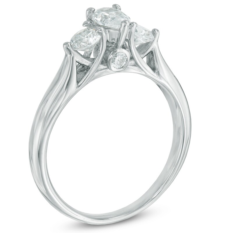 1 CT. T.W. Certified Pear-Shaped Diamond Past Present Future® Ring in 14K White Gold (I/I1)