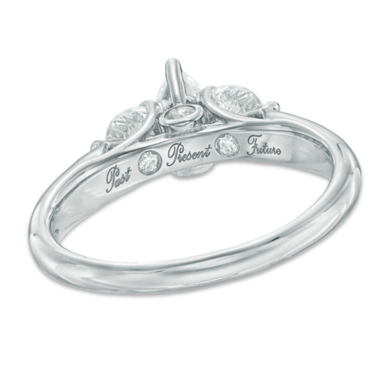 1 CT. T.W. Certified Pear-Shaped Diamond Past Present Future® Ring in 14K White Gold (I/I1)