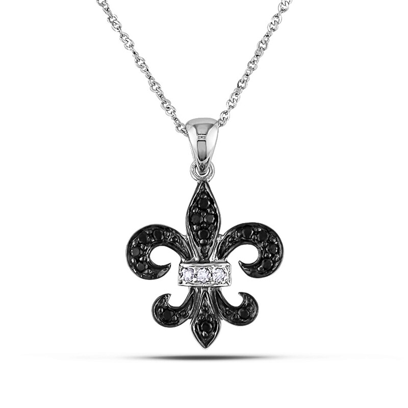 Main Image 1 of 1/8 CT. T.W. Enhanced Black and White Diamond Fleur-de-Lis Pendant in 10K White Gold - 17"