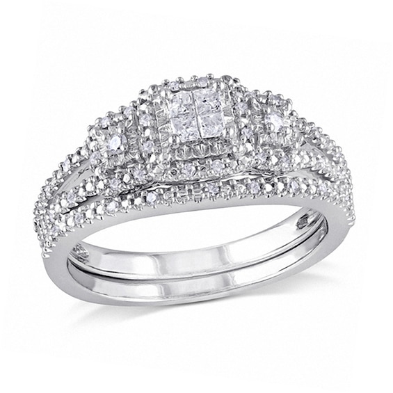 1/4 CT. T.w. Quad Princess-Cut Diamond Frame Bridal Set in Sterling Silver
