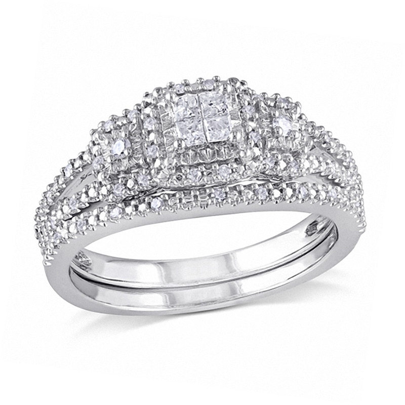 Main Image 1 of 1/4 CT. T.W. Quad Princess-Cut Diamond Frame Bridal Set in Sterling Silver