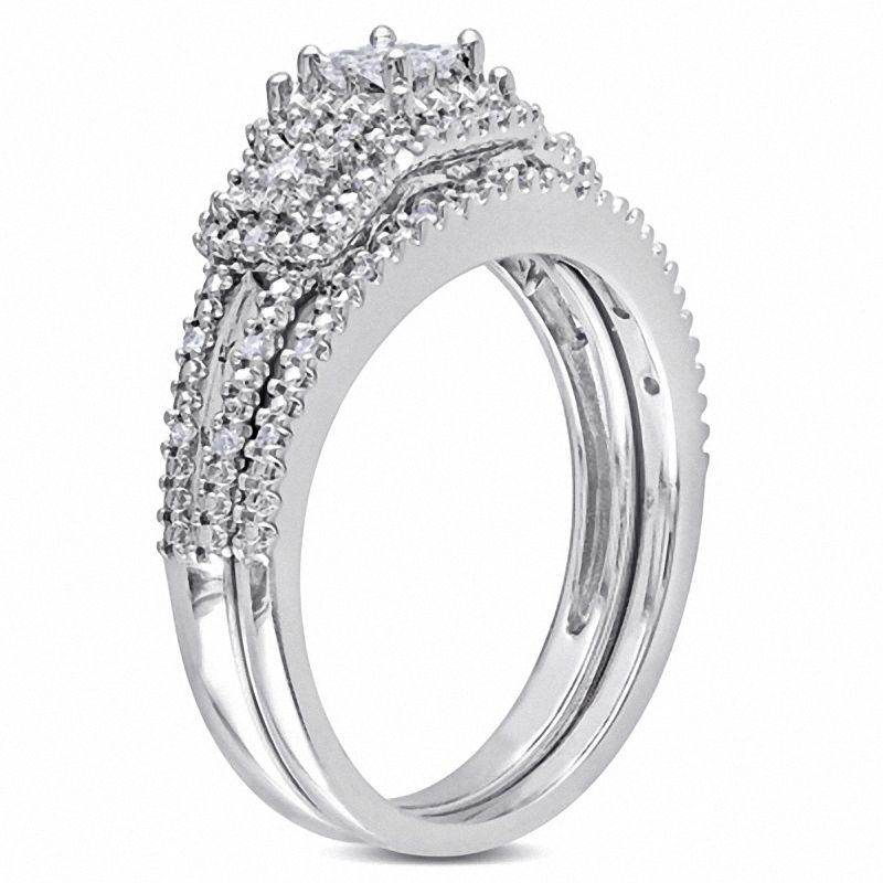 Main Image 2 of 1/4 CT. T.W. Quad Princess-Cut Diamond Frame Bridal Set in Sterling Silver