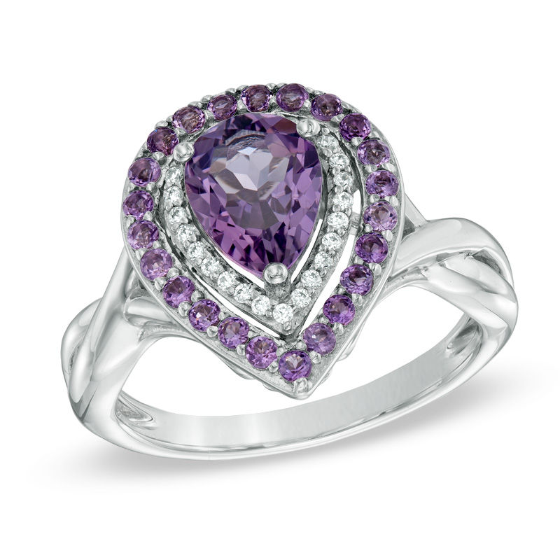 Pear-Shaped Amethyst and 1/10 CT. T.W. Diamond Double Frame Ring in Sterling Silver