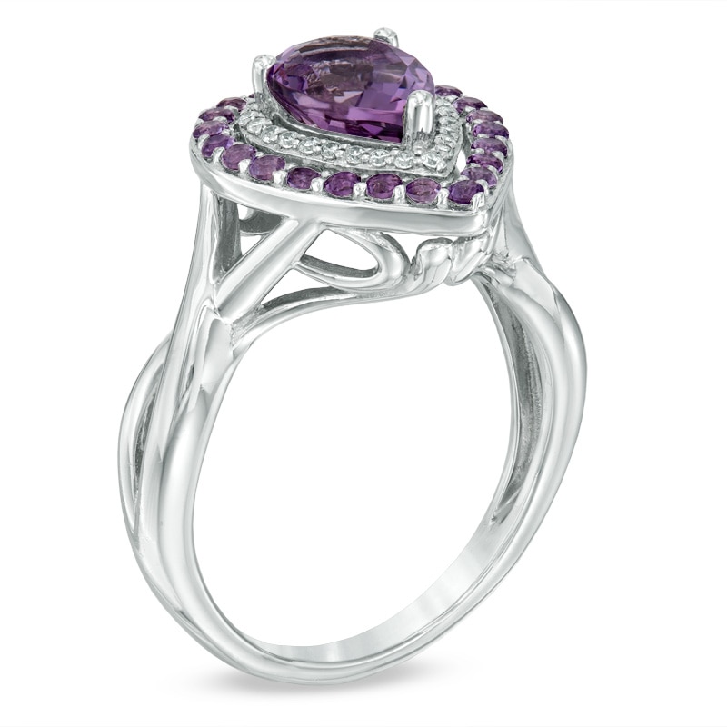 Pear-Shaped Amethyst and 1/10 CT. T.W. Diamond Double Frame Ring in Sterling Silver