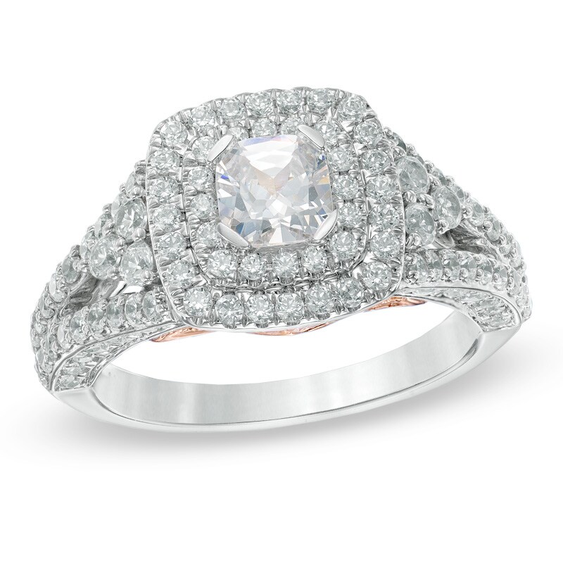 Main Image 1 of 1-3/4 CT. T.W. Cushion-Cut Diamond Double Frame Engagement Ring in 14K White Gold