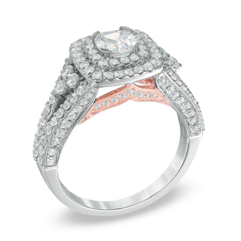 Main Image 2 of 1-3/4 CT. T.W. Cushion-Cut Diamond Double Frame Engagement Ring in 14K White Gold