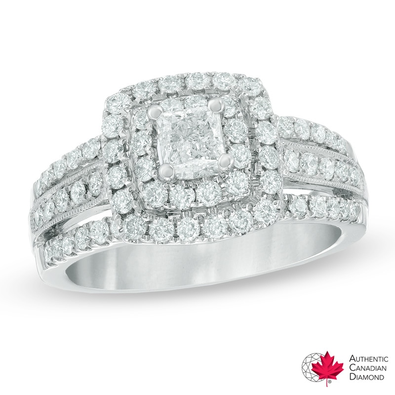 Main Image 1 of 1-1/4 CT. T.W. Certified Canadian Princess-Cut Diamond Double Frame Engagement Ring in 14K White Gold (I/I2)