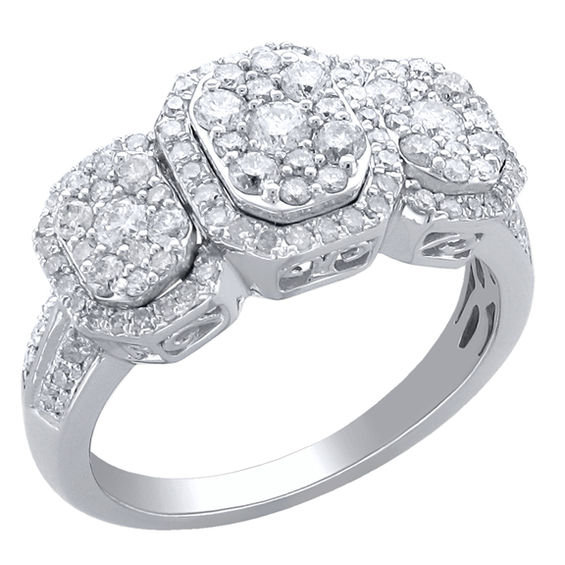 1 CT. T.w. Multi-Diamond Three Stone Frame Ring in 10K White Gold
