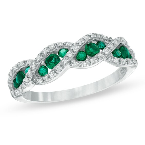 Lab-Created Emerald and 1/6 CT. T.w. Diamond Wave Ring in 10K White Gold