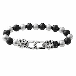 10.0mm Black Agate and Stainless Steel Bead Bracelet - 8.5"