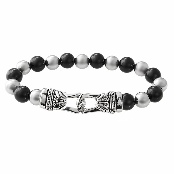 10.0mm Black Agate and Stainless Steel Bead Bracelet - 8.5"
