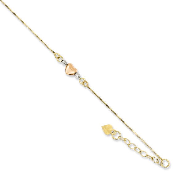 Puff Heart Adjustable Anklet in 14K Tri-Tone Gold - 10"